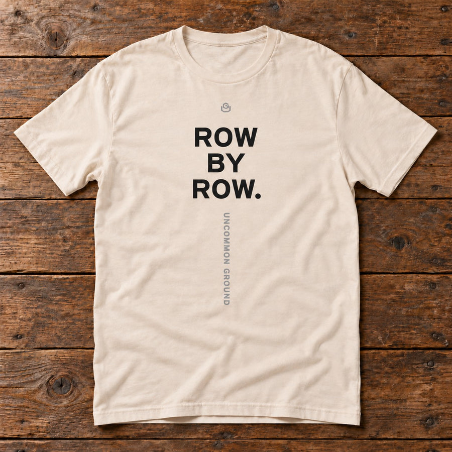 Front of the Row by Row Tee reading ROW BY ROW.