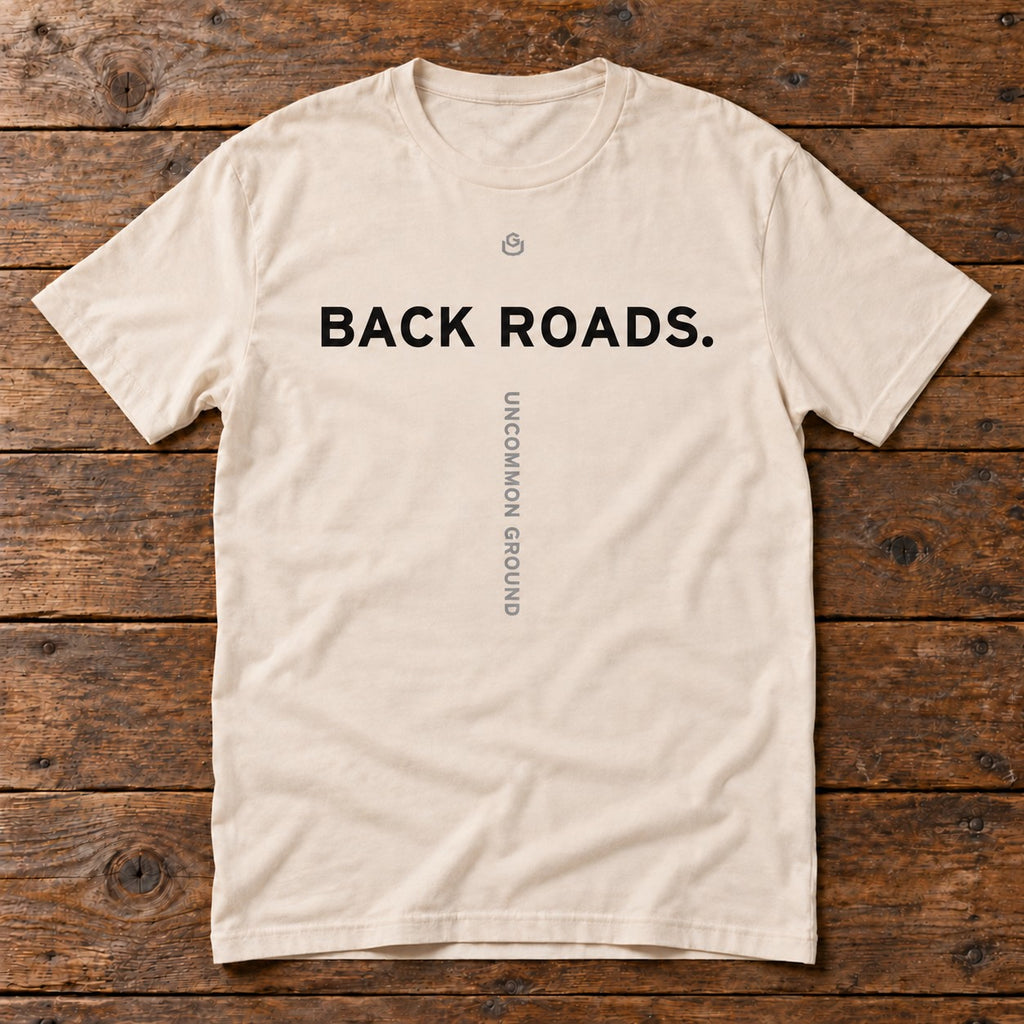 Front of the Back Roads Tee reading BACK ROADS.