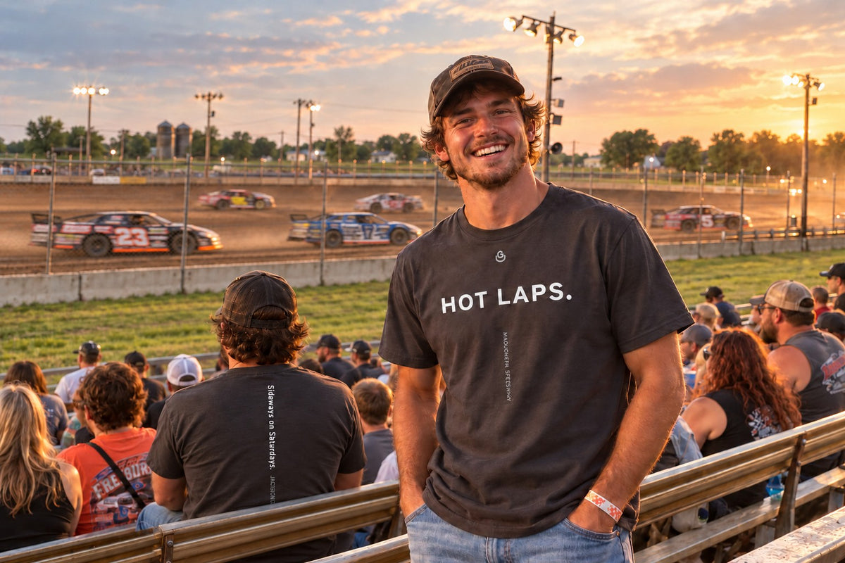 Lifestyle photo of the Hot Laps Tee from Uncommon Ground, Jackson County, Iowa