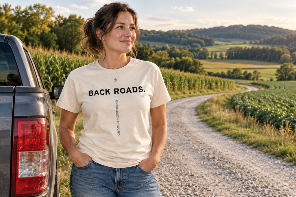 Front of the Back Roads Tee reading BACK ROADS.