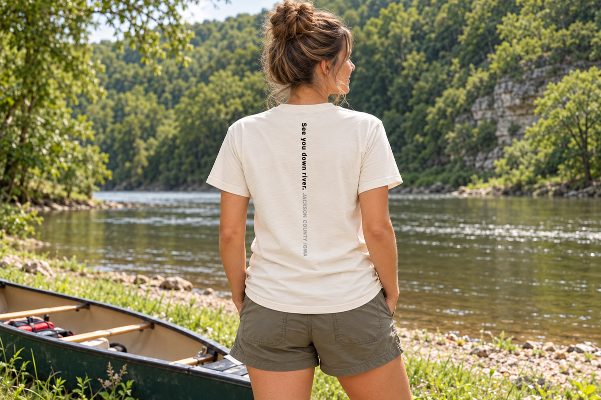 Back of the Day Drift Tee reading See you down river. Jackson County Iowa