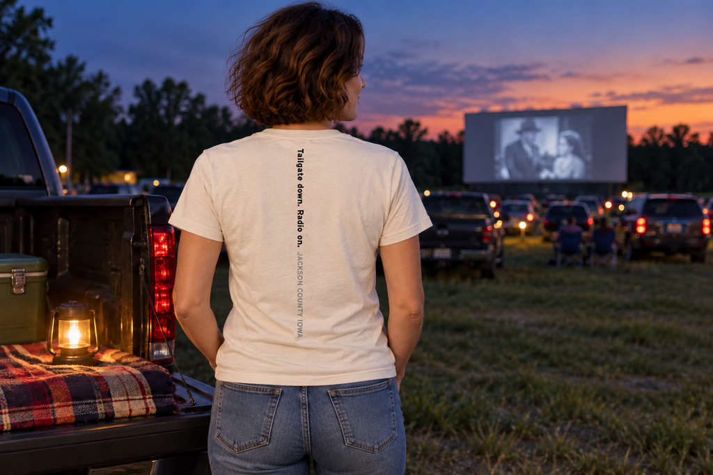 Back of the Dusk Tee reading Tailgate down. Radio on. Jackson County Iowa