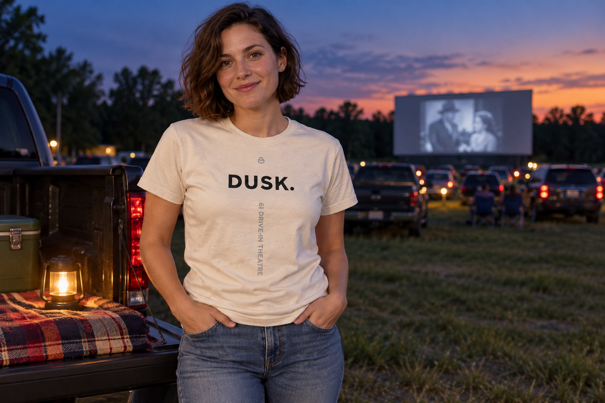 Front of the Dusk Tee reading DUSK.
