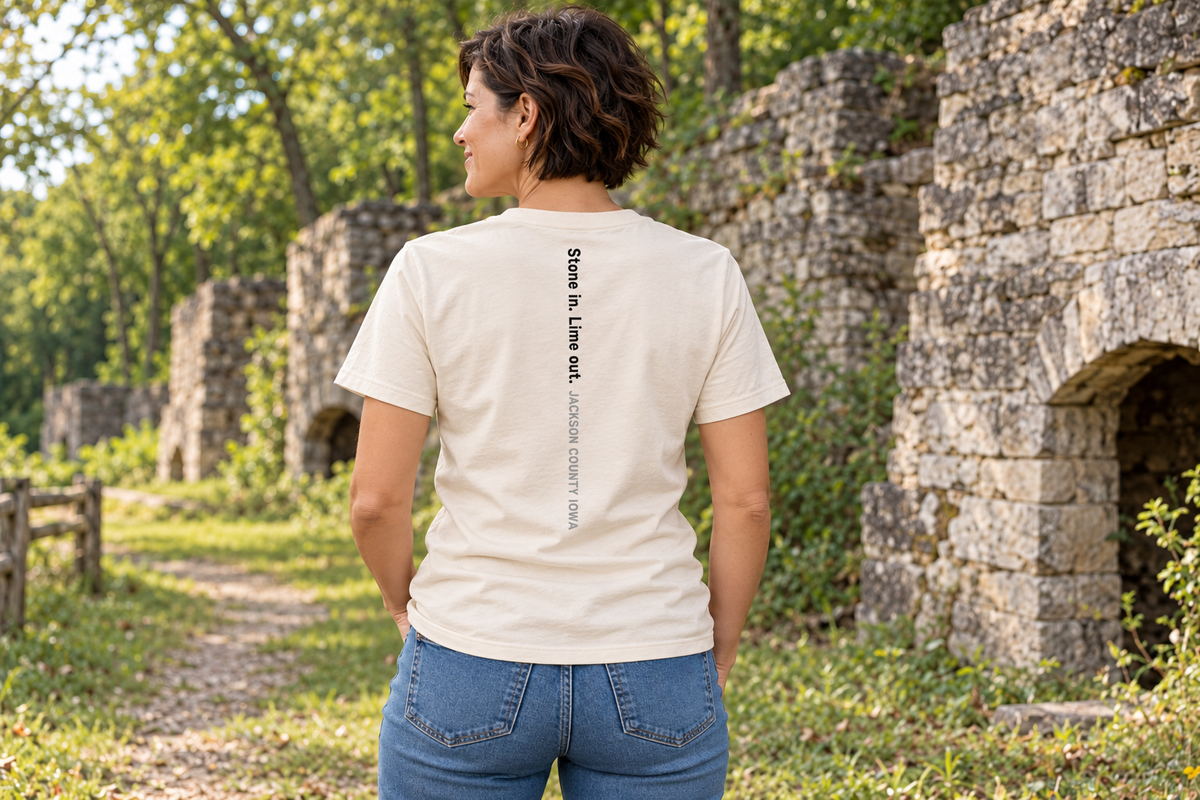 Back of the Fired Up Tee reading Stone in. Lime out. Jackson County Iowa