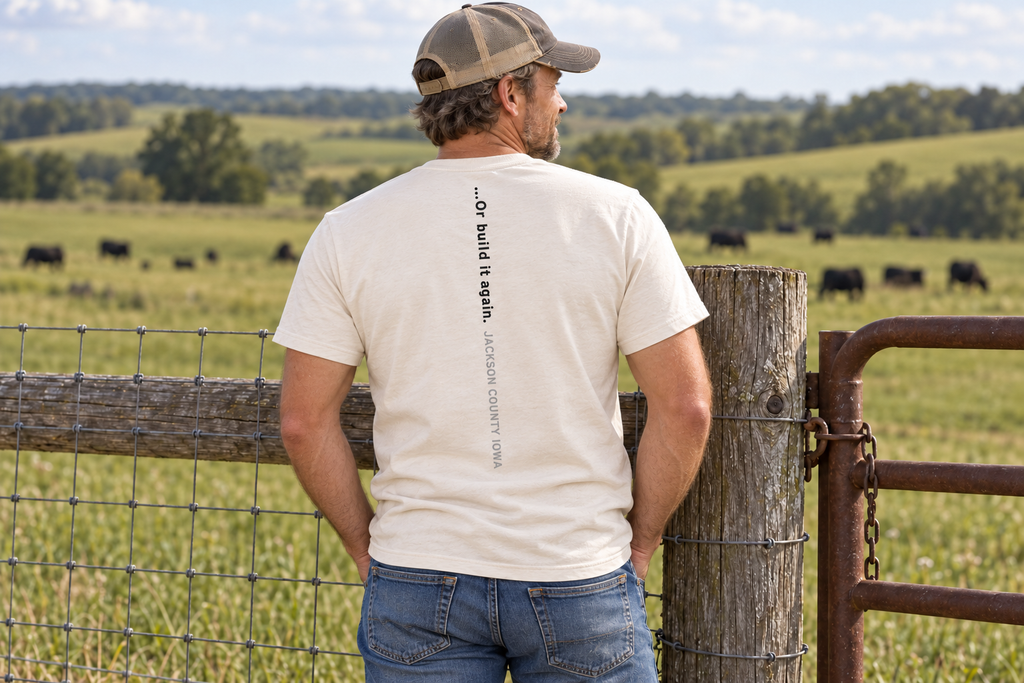Back of the Horse High. Pig Tight. Bull Strong. Tee reading …Or build it again. Jackson County Iowa