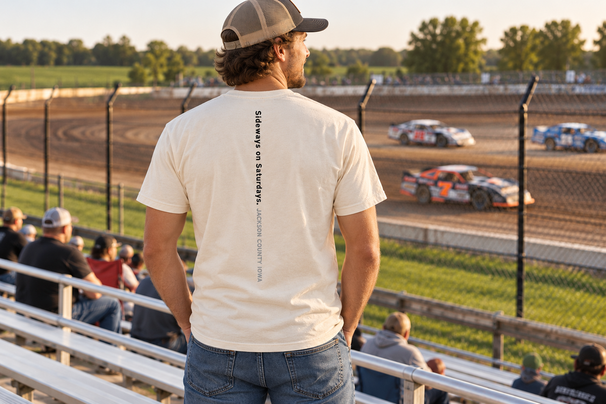 Back of the Hot Laps Tee reading Sideways on Saturdays. Jackson County Iowa