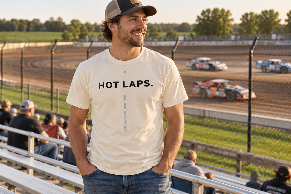 Front of the Hot Laps Tee reading HOT LAPS.