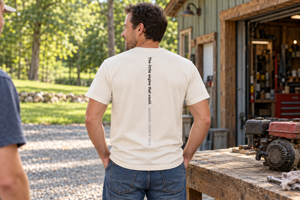 Back of the Pull Start Tee reading The little engine that could. Jackson County Iowa
