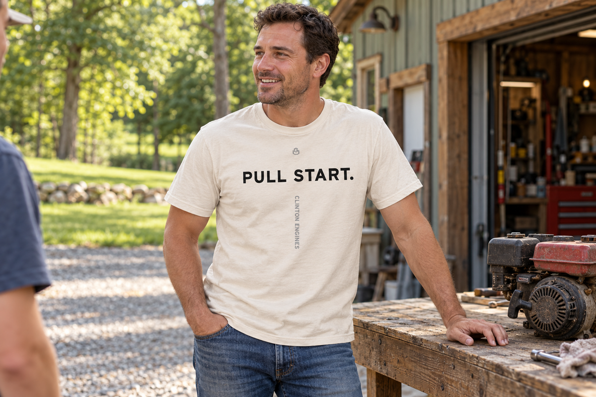 Front of the Pull Start Tee reading PULL START.