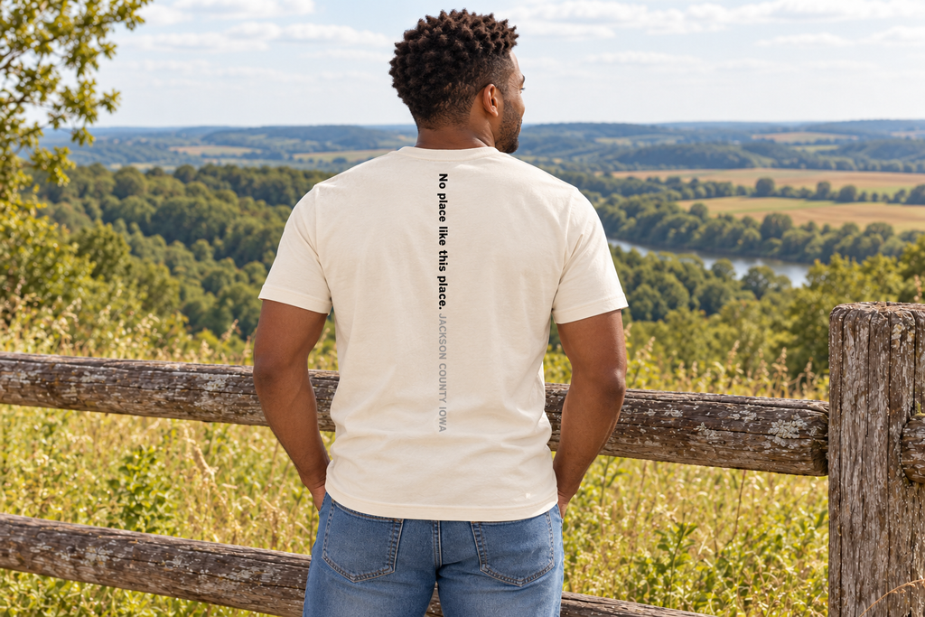 Back of the Uncommon Ground Tee reading No place like this place. Jackson County Iowa