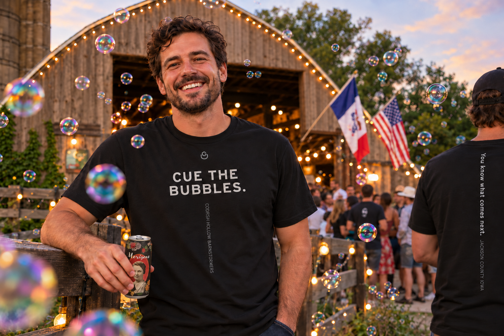 Lifestyle photo of the Cue the Bubbles Tee from Uncommon Ground, Jackson County, Iowa