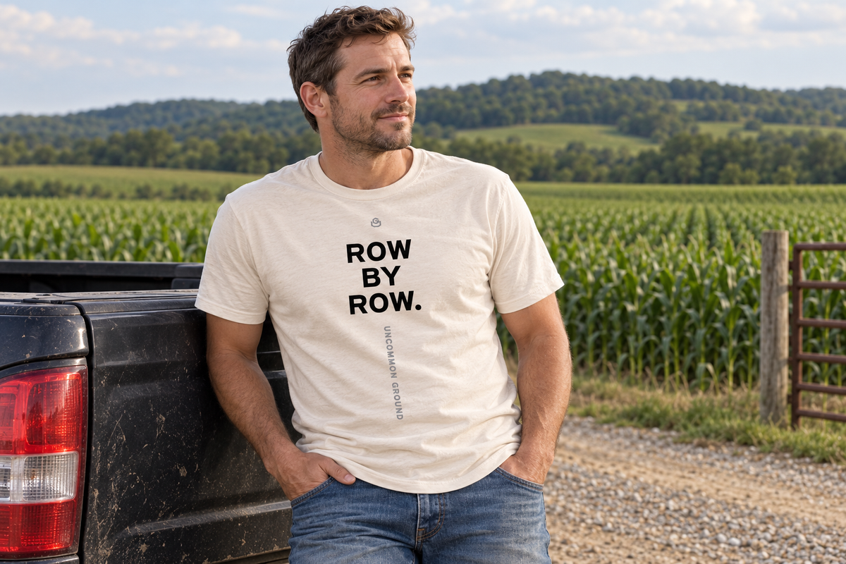 Front of the Row by Row Tee reading ROW BY ROW.