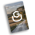Uncommon Ground gift card with the UG mark over a gravel road and bluffs, reading Lucky you!
