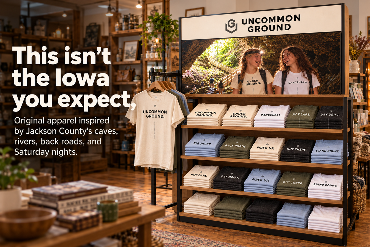 Uncommon Ground apparel display in a retail shop, with folded tees on wood shelves under a UG sign
